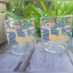 Libbey Juice Glasses Pink Blue Pastel Farmhouse Pigs Geese Cows Coquette Hearts